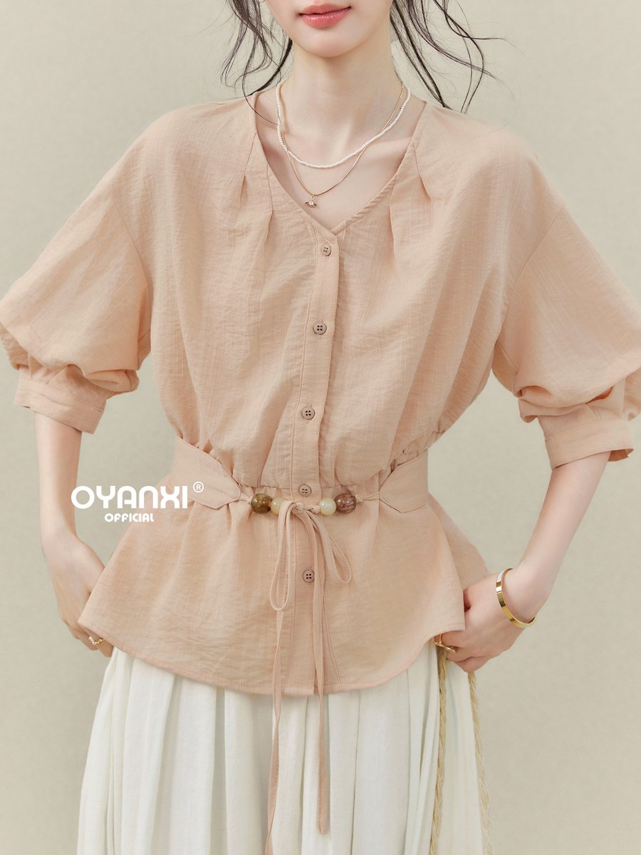 OYANXI Vネック ウエストリボン 七分袖シャツ