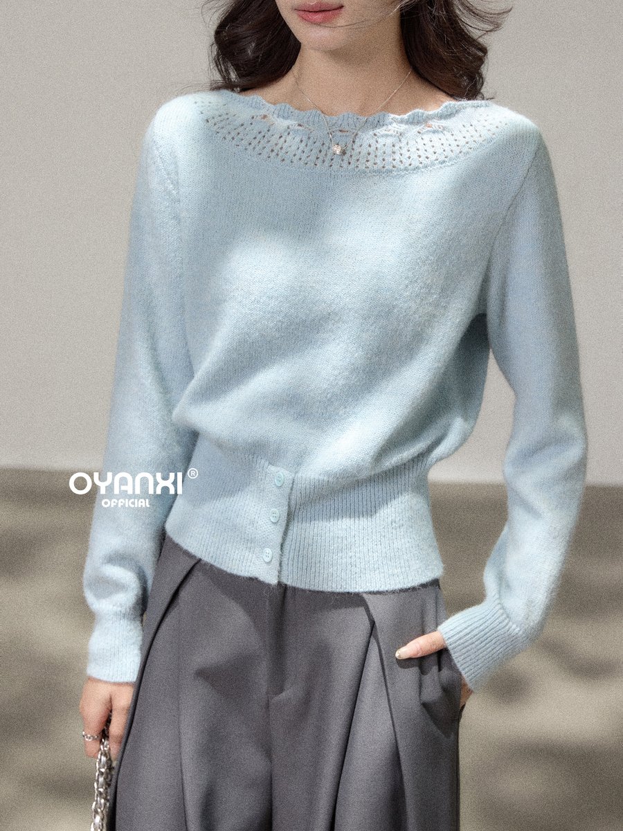 OYANXI フリル 透かし編み襟 ゆったりプルオーバーニット