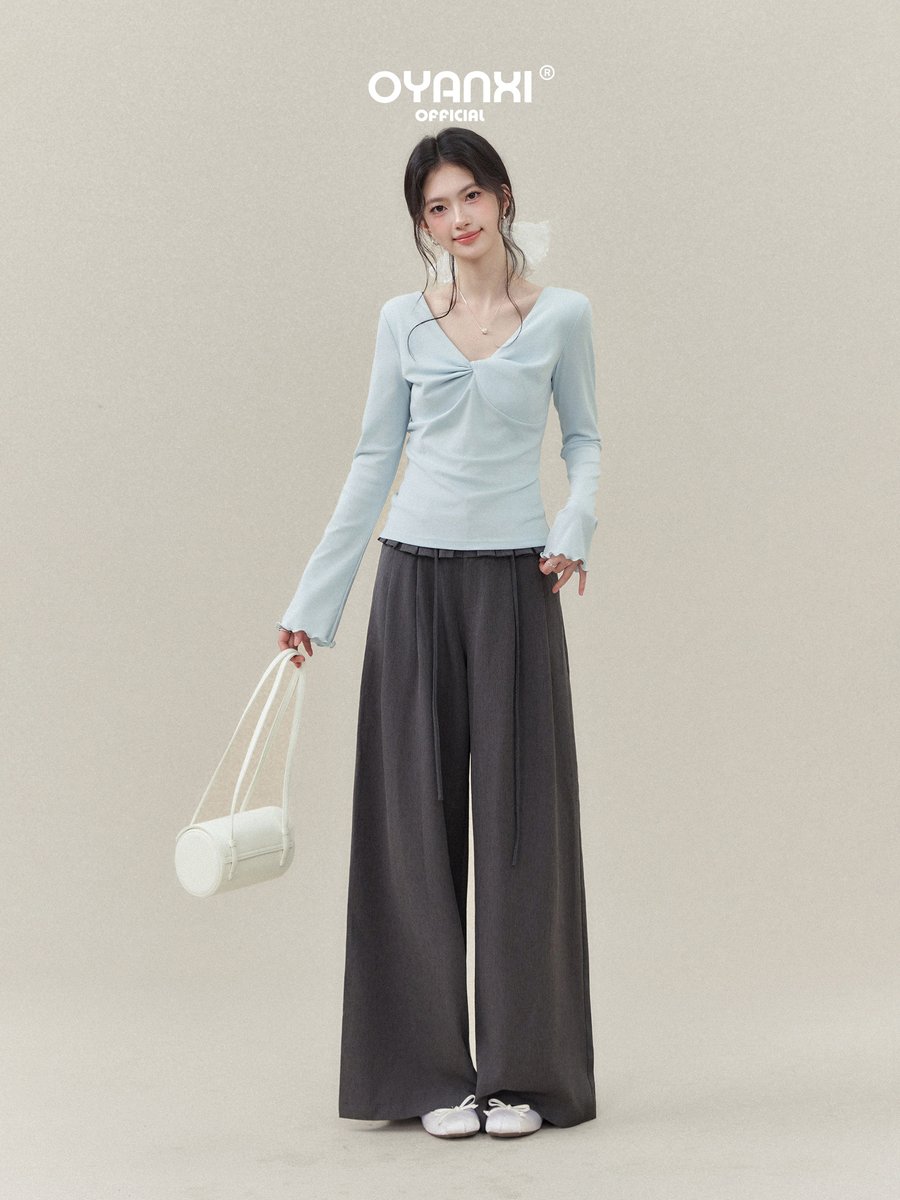 OYANXI ツイスト Vネック フリル袖 長袖Tシャツ