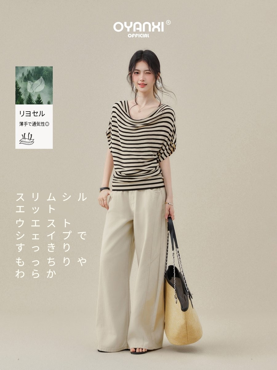 OYANXI ストライプ ドルマンスリーブ 半袖Tシャツ