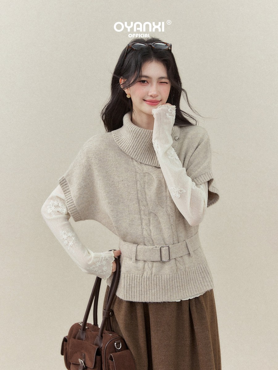 OYANXI ハーフハイネック ベルト付き ゆったり半袖ニット