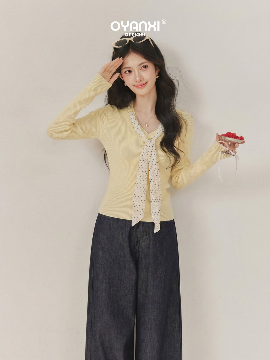 OYANXI Vネック フィット ニットトップス