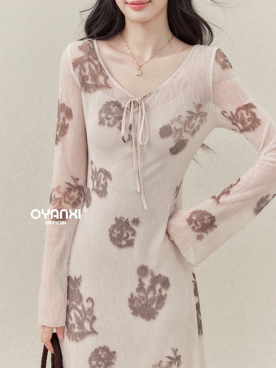 OYANXI プリント Vネック シアー フレアスリーブ ロングワンピース