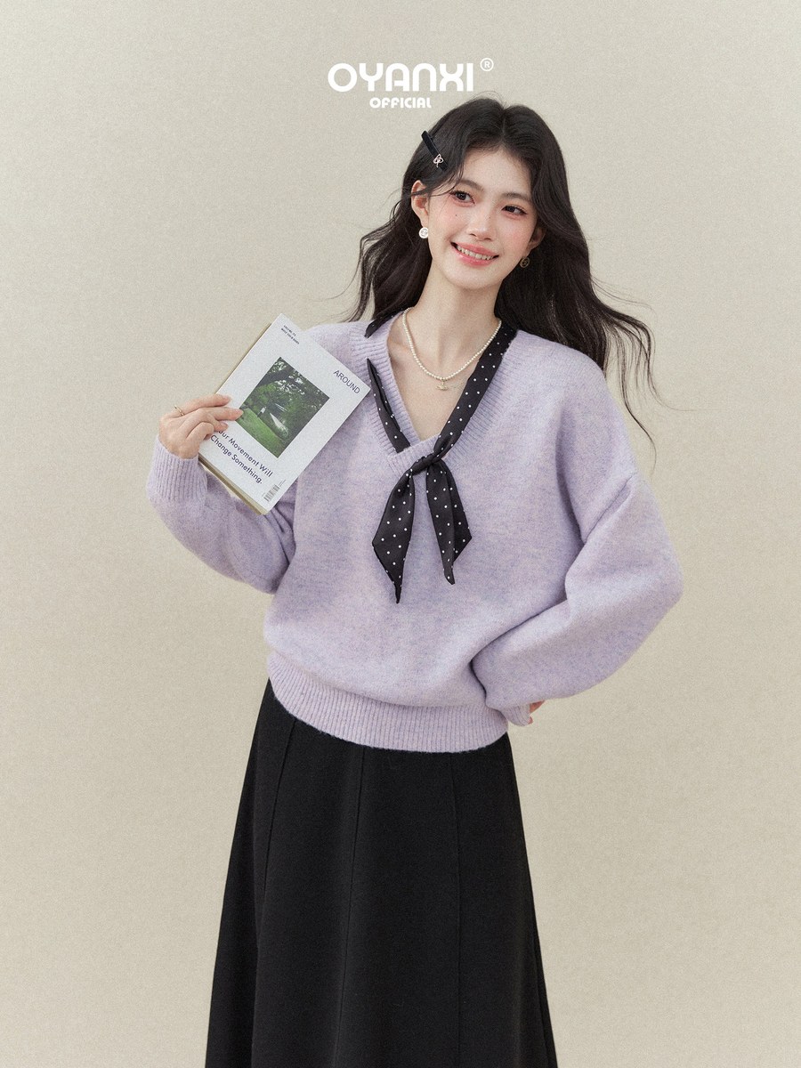OYANXI ドット柄スカーフ付き Vネック ゆったり プルオーバーセーター