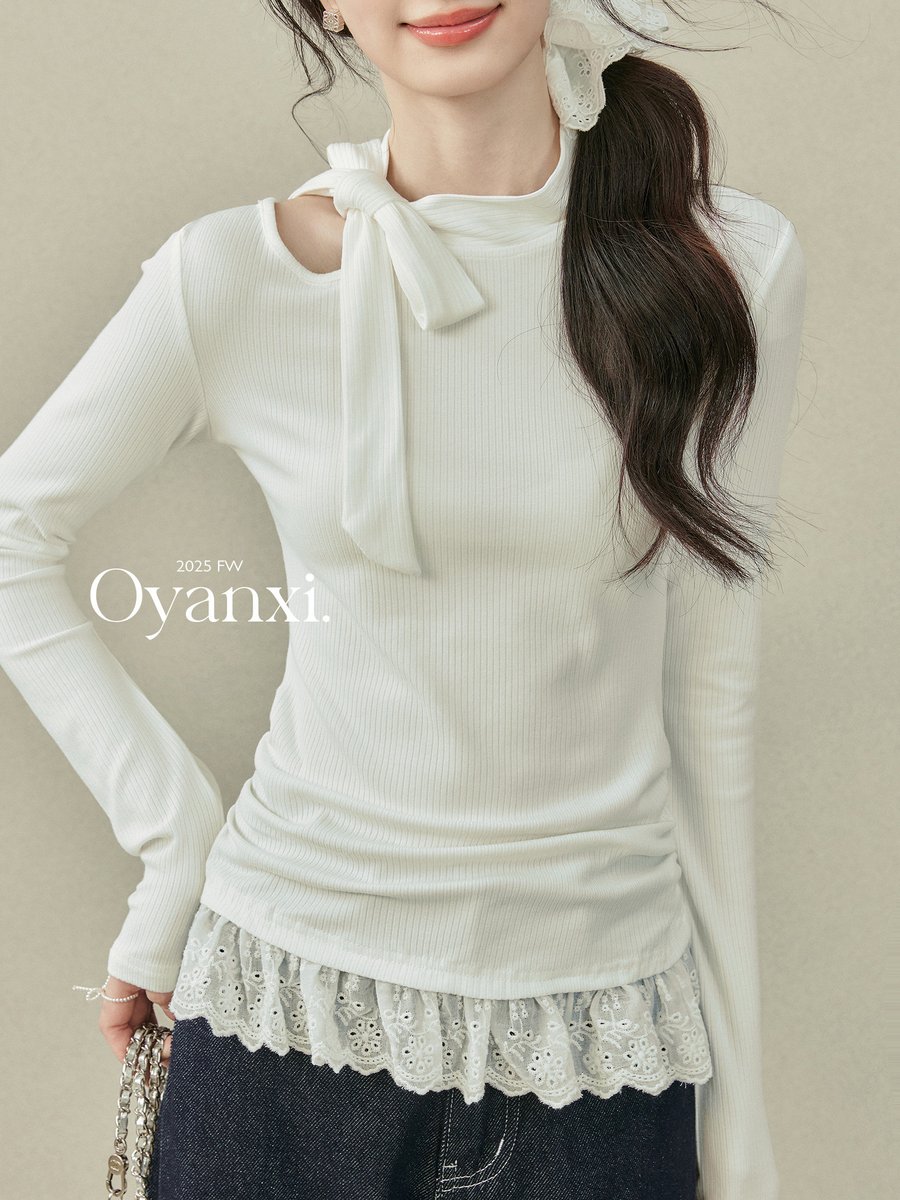 OYANXI リボン レース 長袖Tシャツ ホワイト