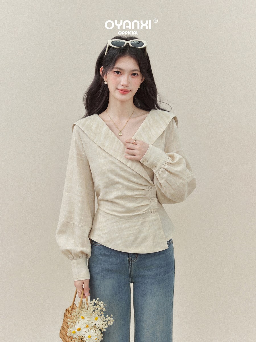 OYANXI ビッグカラー クロスVネック 長袖シャツ