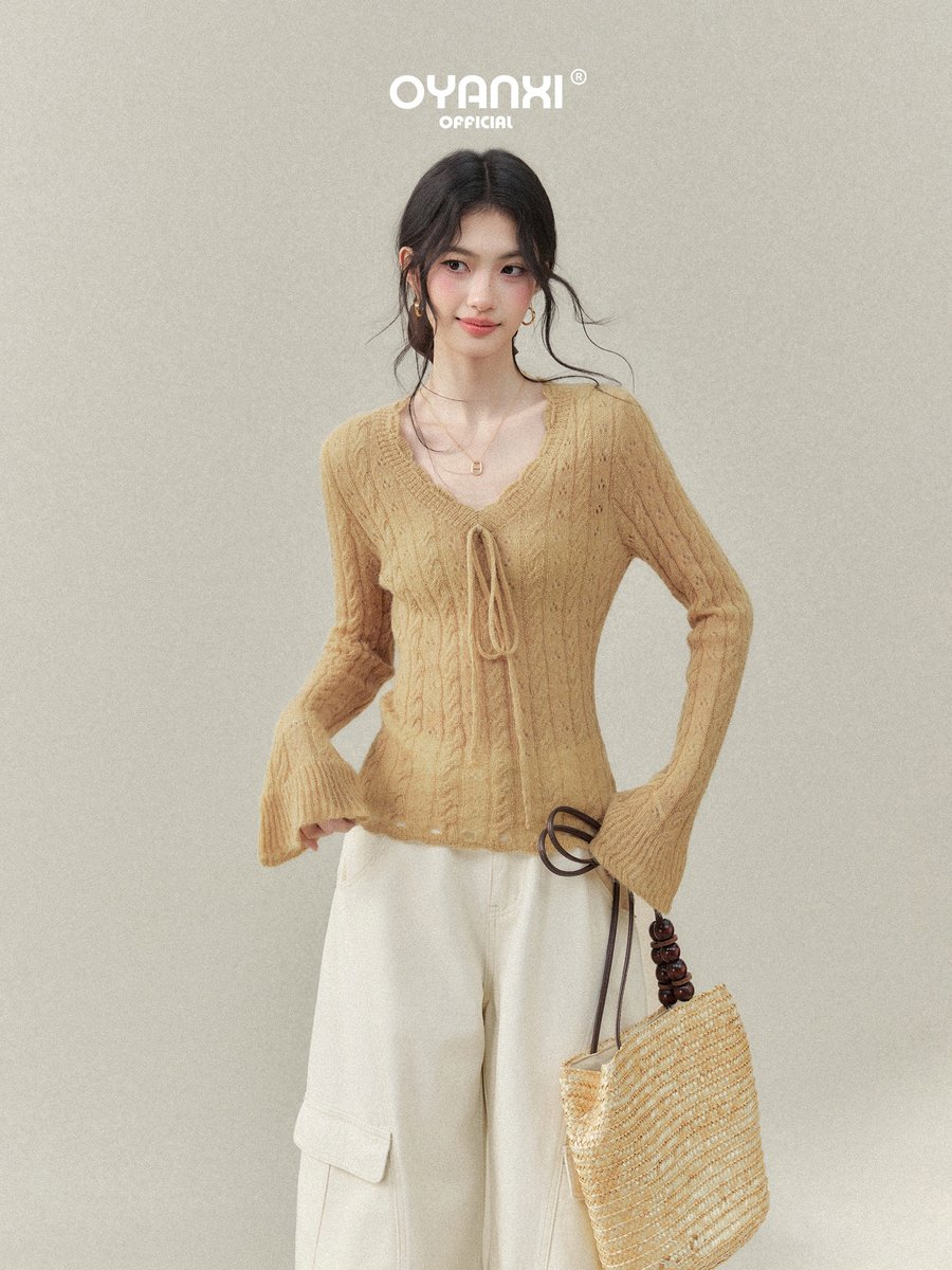 OYANXI 透かし編み Vネック フレアスリーブニット