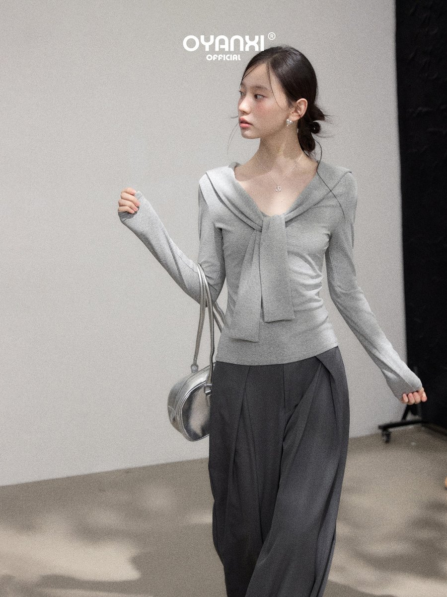 OYANXI ショール風 リボンネック スリム 長袖Tシャツ