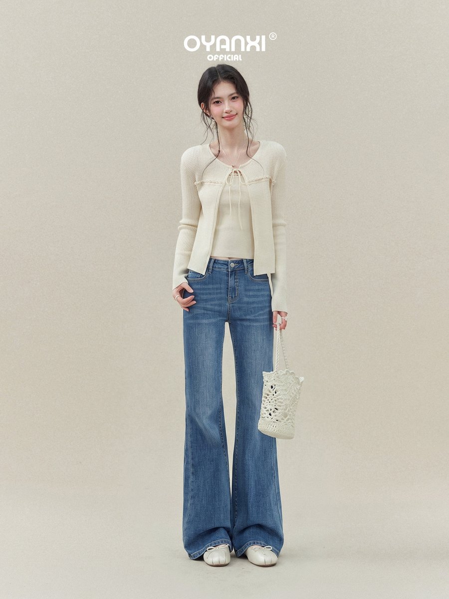 OYANXI ヒゲ加工 セミフレア ロング丈デニム
