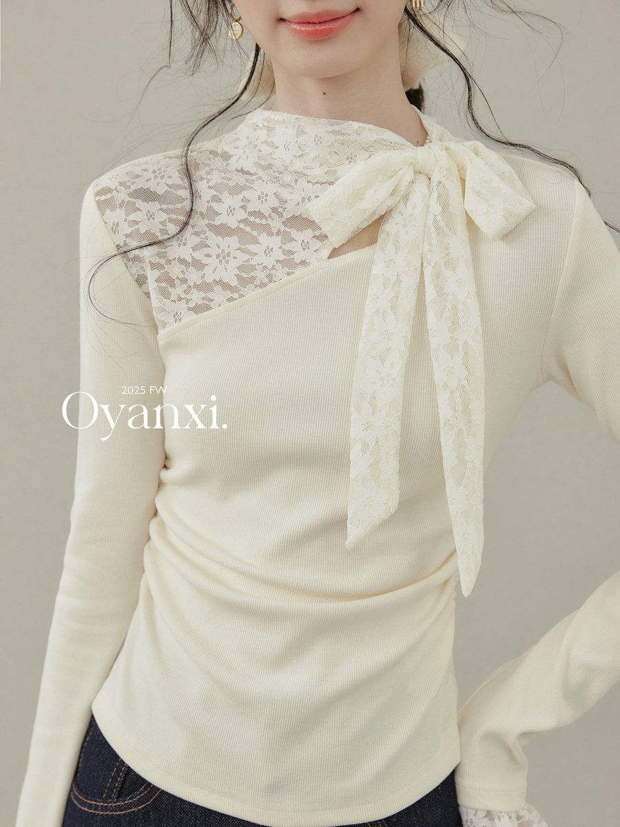 OYANXI レース クロシェ切り替え 長袖カットソー
