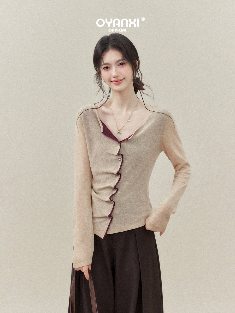 OYANXI 配色 Vネック ギャザー ニットカーディガン