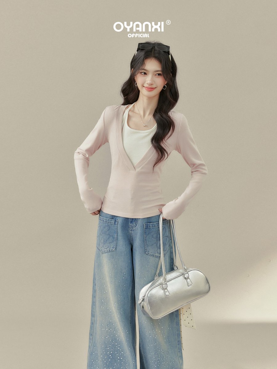 OYANXI ホルターネック風 フェイクレイヤード 長袖Tシャツ