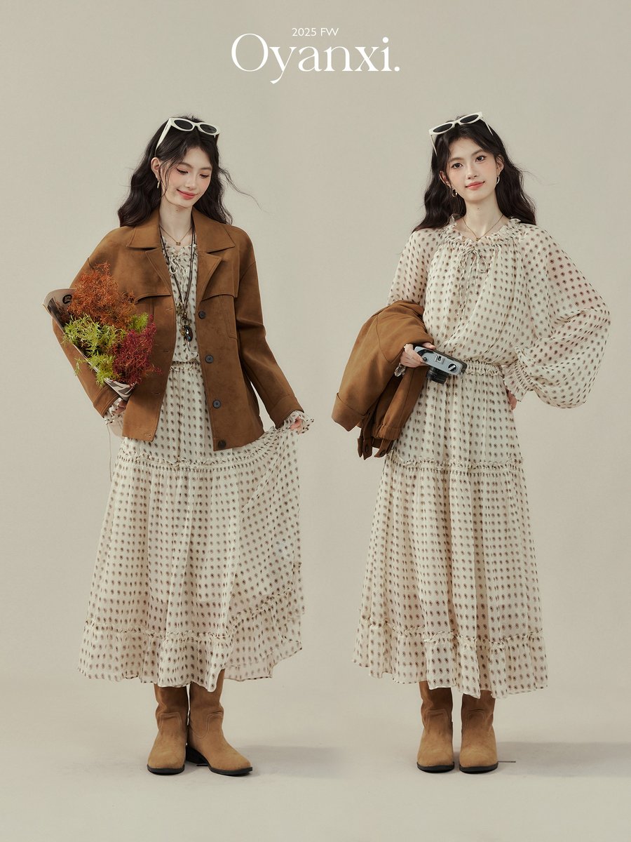 OYANXI ドット柄 長袖ワンピース＆キャミワンピース 2点セット