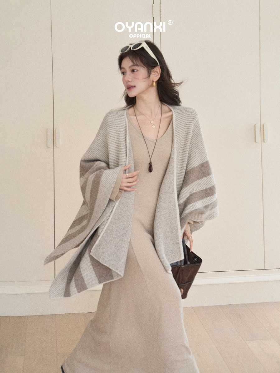 OYANXI Vネック スリムワンピース ストライプショール付き 2点セット