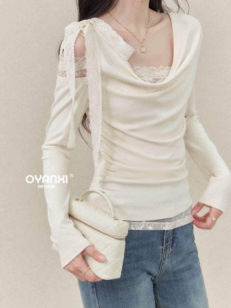 OYANXI レース ワンショルダー ドレープネック 長袖Tシャツ