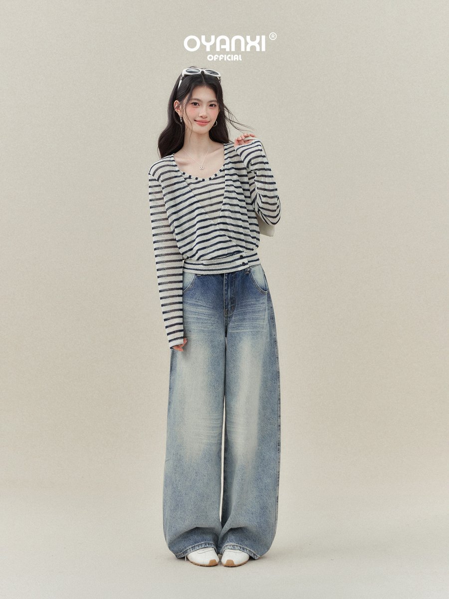 OYANXI ゆったり ロング丈 ワイドデニムパンツ