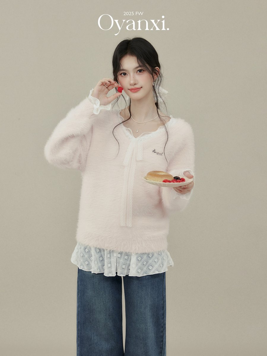 OYANXI Vネック ベルスリーブ ピンクニット