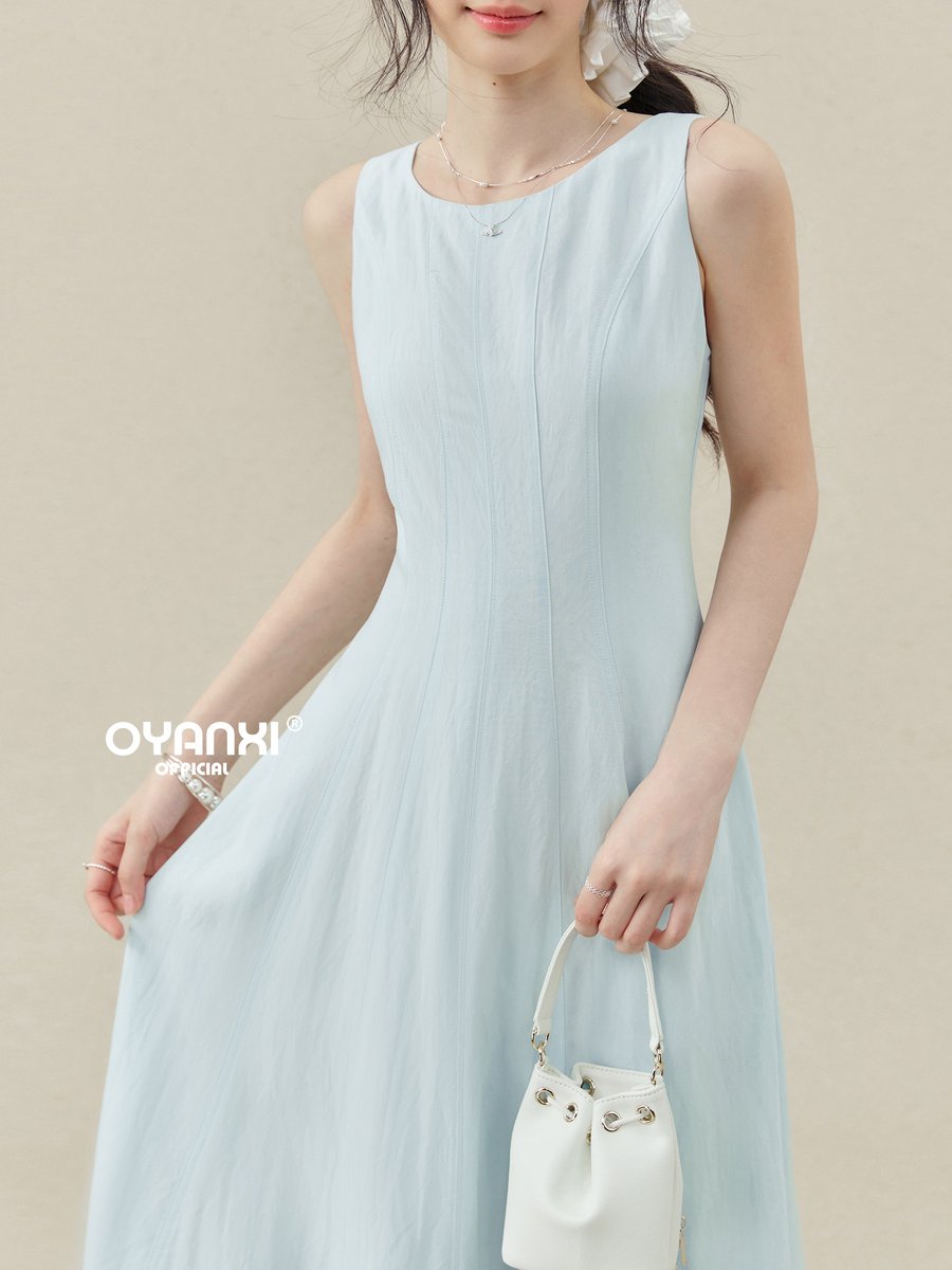 OYANXI クルーネック ノースリーブ ウエストシェイプ ロングワンピース