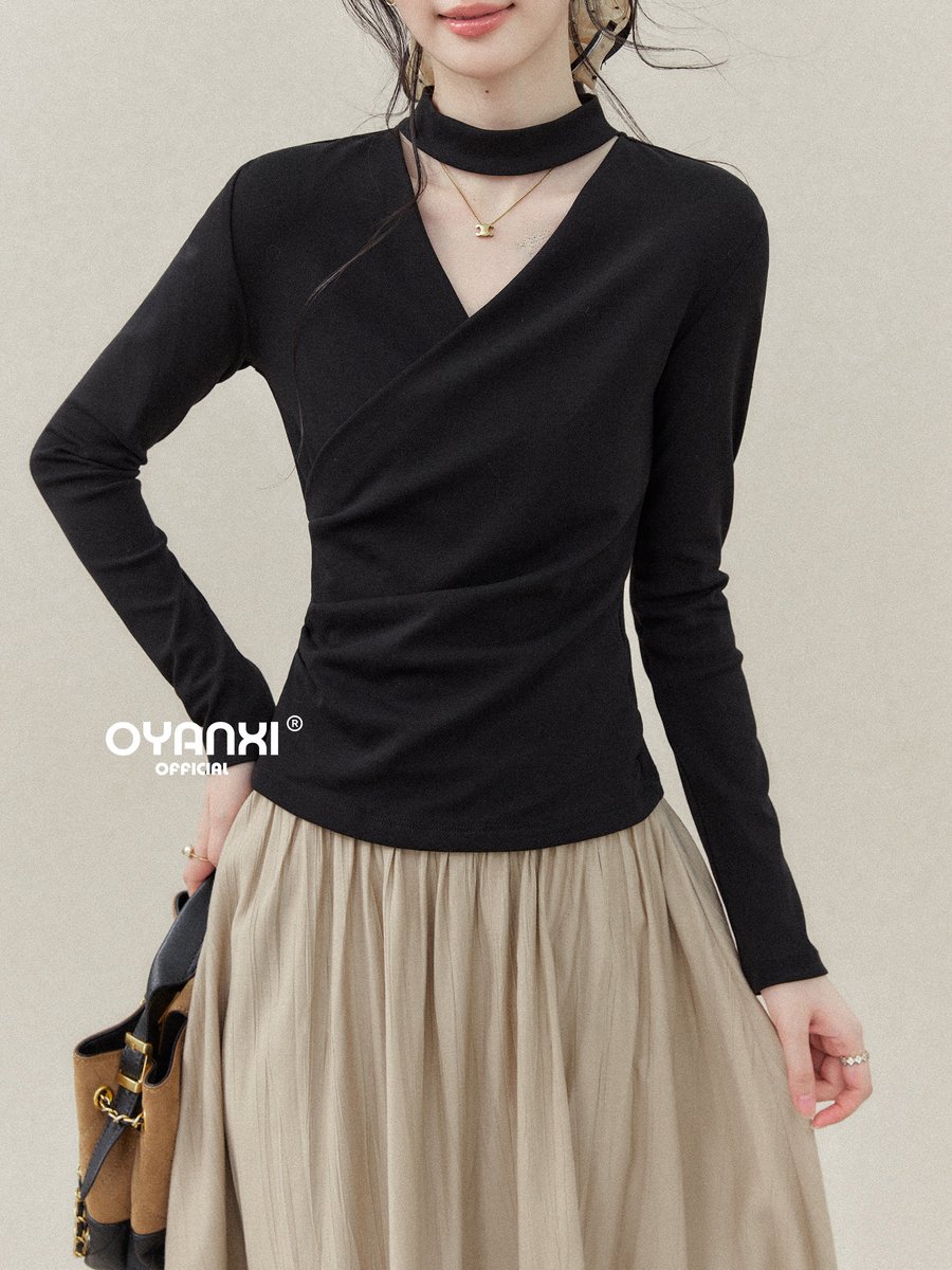 OYANXI ネックループ クロスVネック 長袖Tシャツ