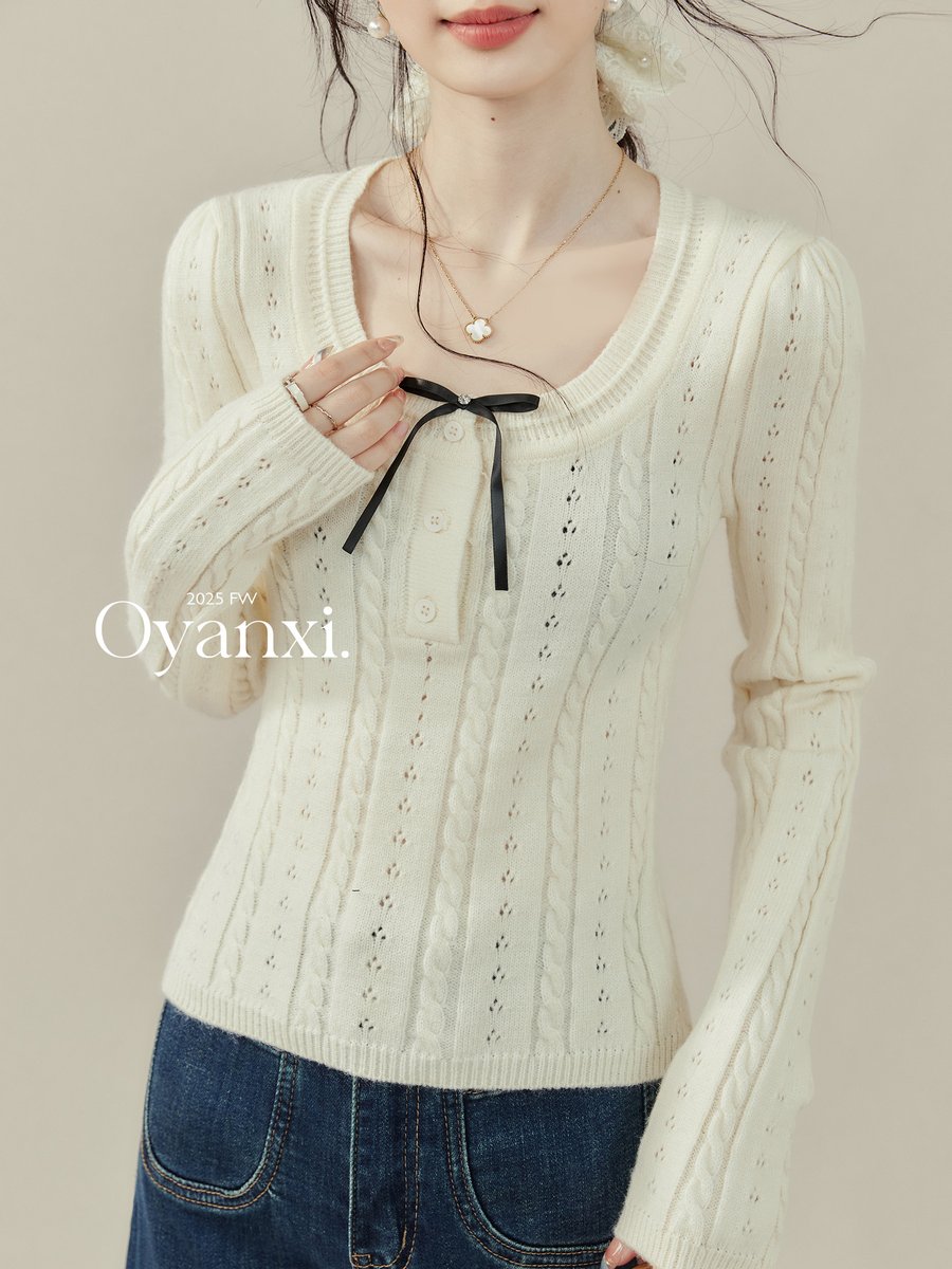 OYANXI リボン 長袖インナーニット アプリコット