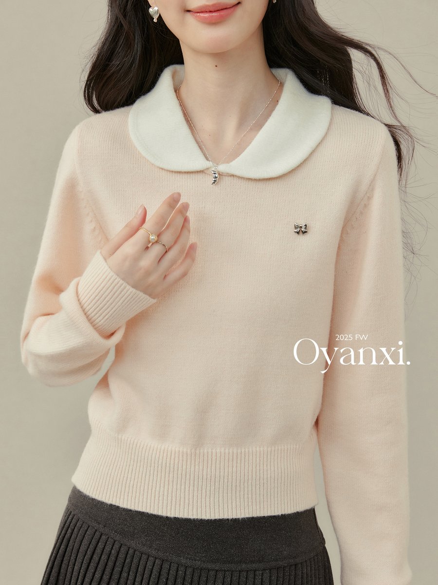 OYANXI ラウンドカラー リボン ショート丈ニット