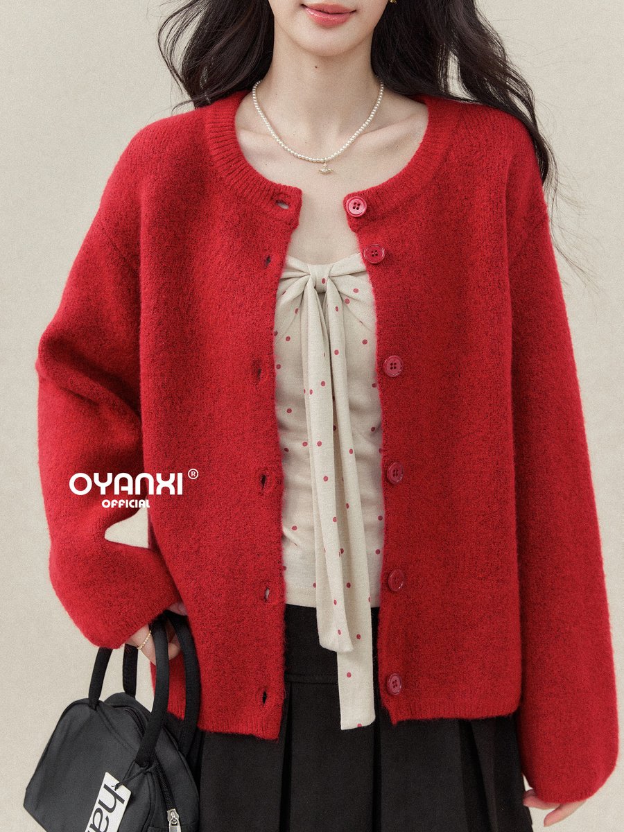 OYANXI 長袖ニットカーディガン チェリーレッド