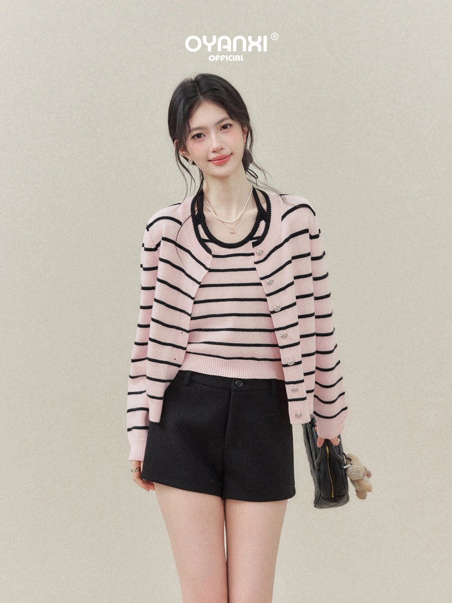 OYANXI ストライプ ホルターキャミ＆ショート丈ニット 2点セット