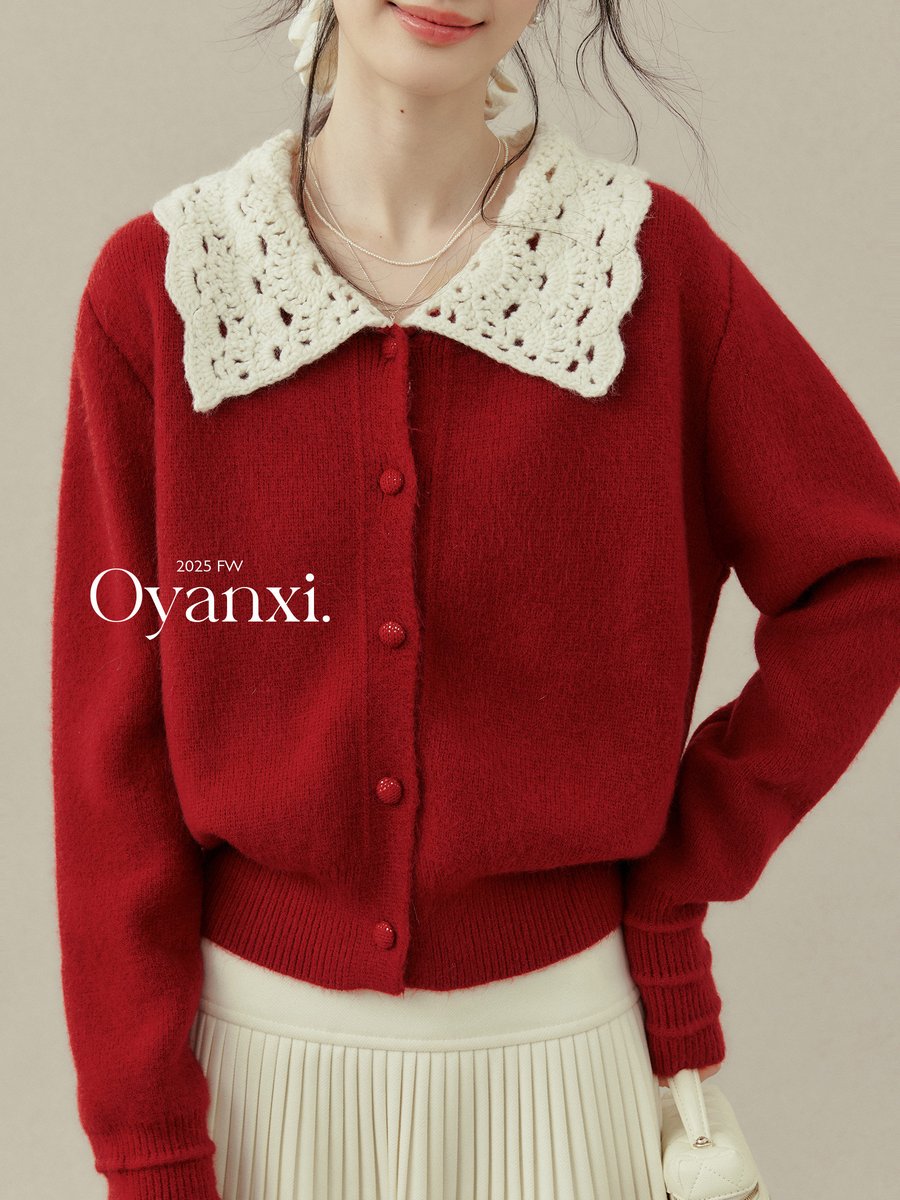 OYANXI ビッグカラー ツイード風 レッドニットカーディガン