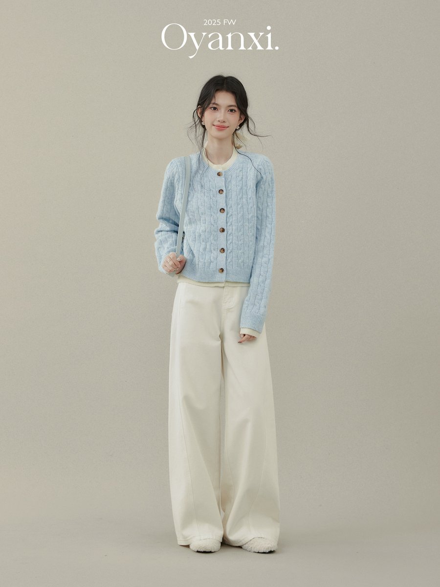 OYANXI フェイクレイヤード ブルー ニットカーディガン