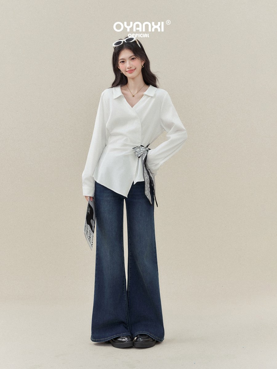 OYANXI カシュクール風 Vネック ウエストリボン シャツ