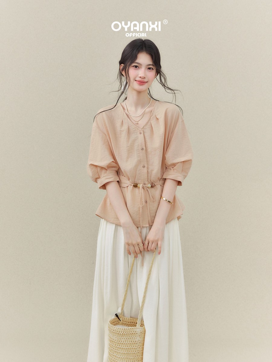 OYANXI Vネック ウエストリボン 七分袖シャツ