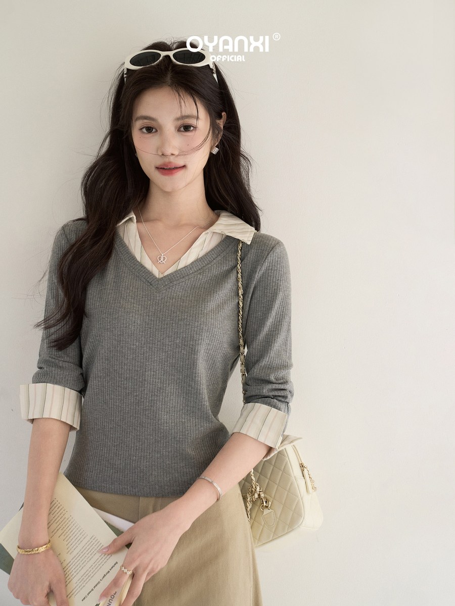 OYANXI 襟付き フェイクレイヤード 七分袖Tシャツ