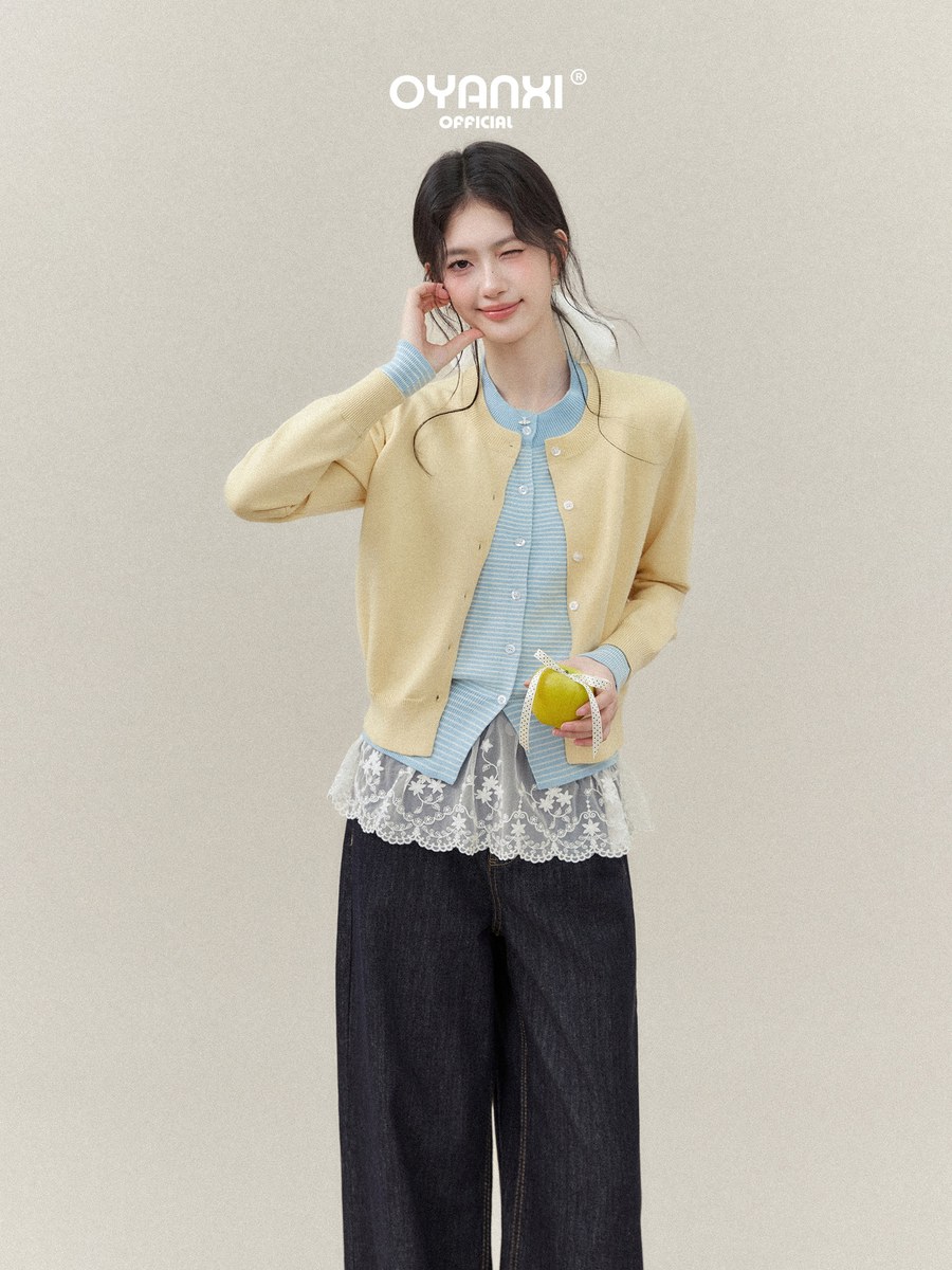 OYANXI バイカラー 折り襟 フェイクレイヤード ニットカーディガン