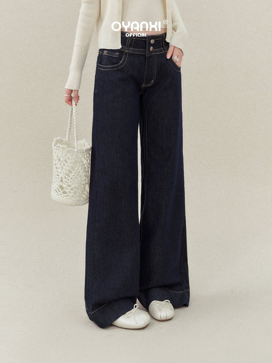 OYANXI ハイウエスト ストレート ワイドデニムパンツ