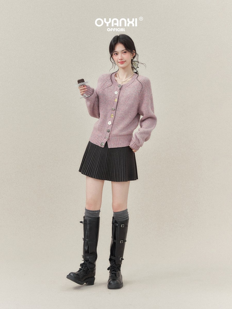 OYANXI リブ編み クルーネック ショート丈 ニットカーディガン