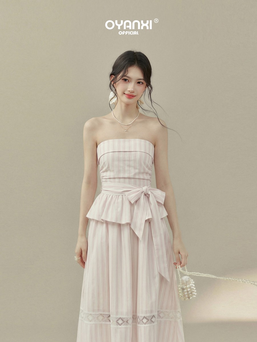 OYANXI ストライプ リボン ベアワンピース
