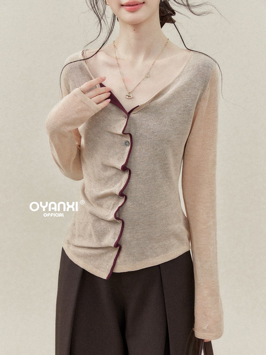 OYANXI 配色 Vネック ギャザー ニットカーディガン