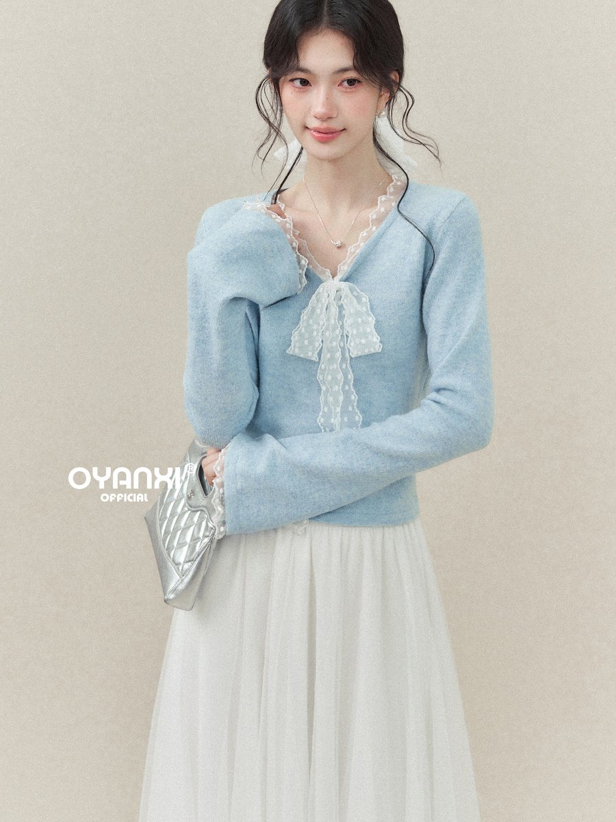 OYANXI ドットレース リボン Vネック 長袖ニット