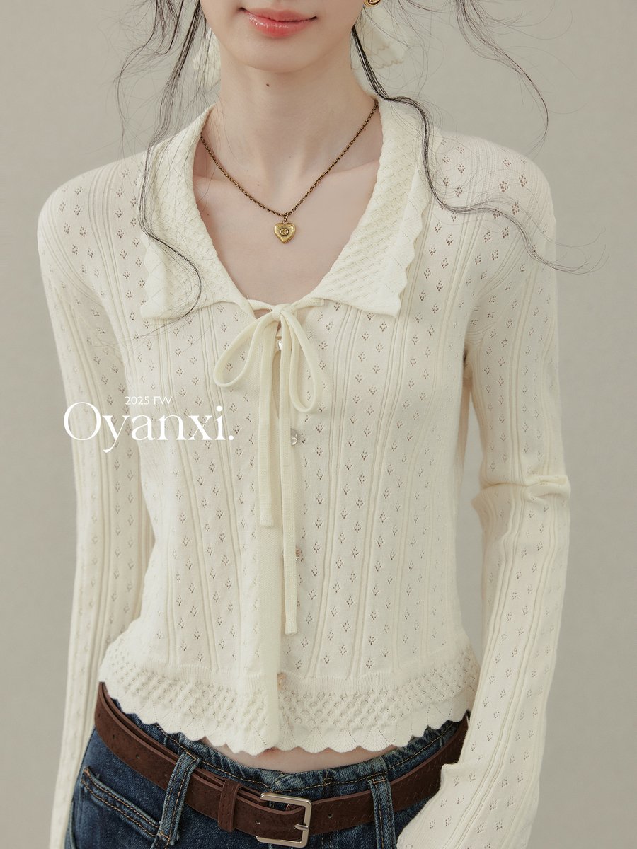 OYANXI リボン ショート丈 長袖ニット アプリコット