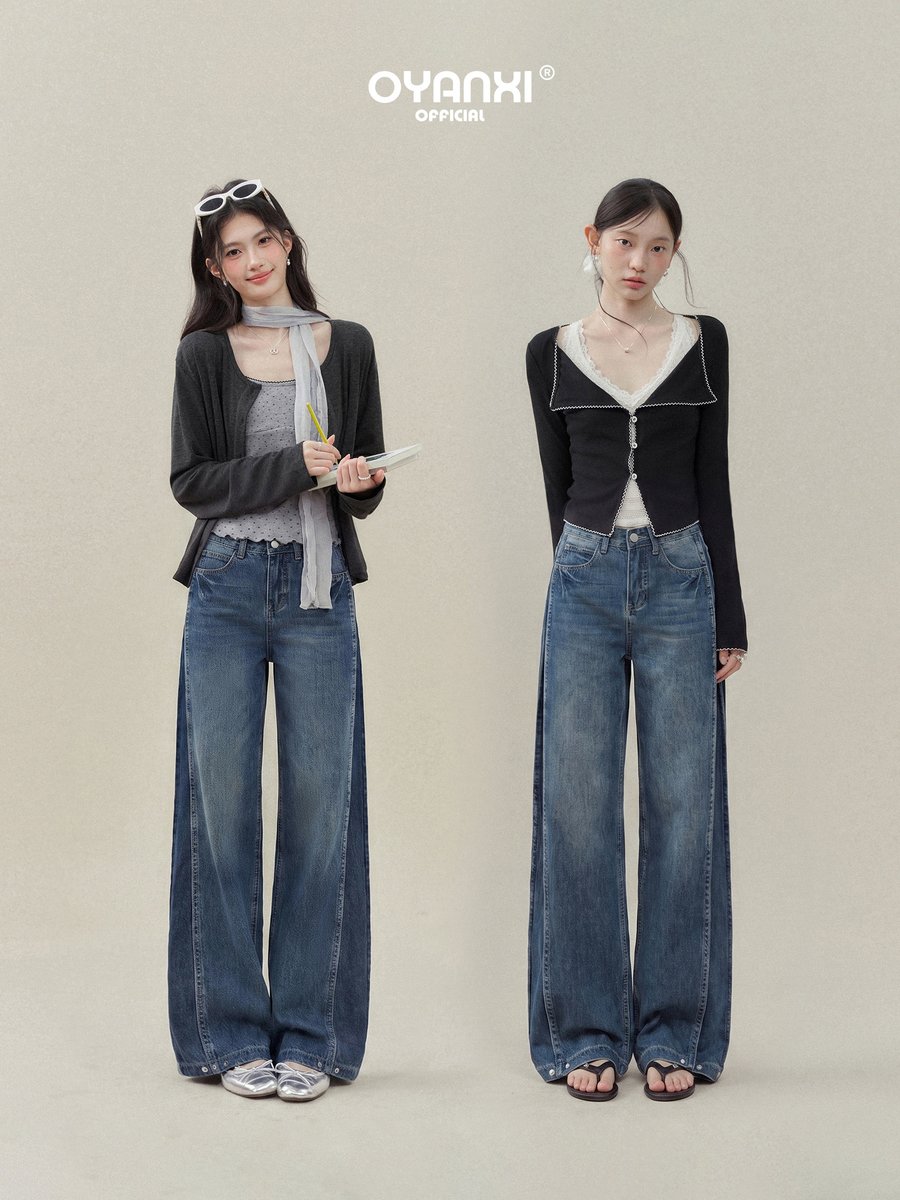 OYANXI レトロブルー 立体サイドシーム ワイドデニムパンツ