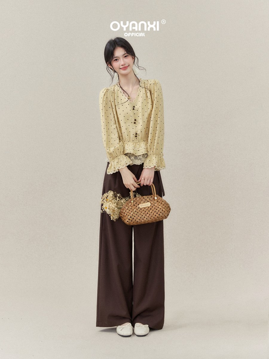 OYANXI レーストリム Vネック ダブルレースヘム シャツ