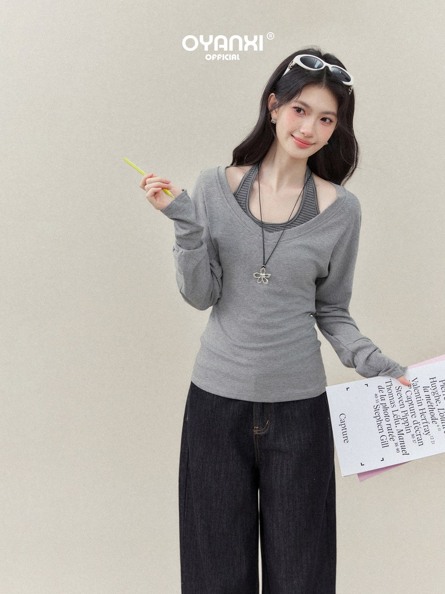 OYANXI ボーダー ホルターベスト＆深Vネック 長袖Tシャツ セット