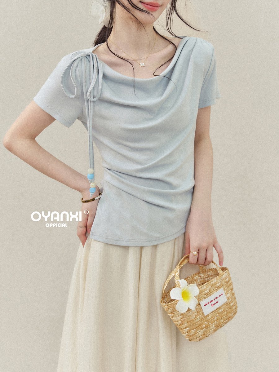 OYANXI ドレープネック ウエストシェイプ 半袖Tシャツ
