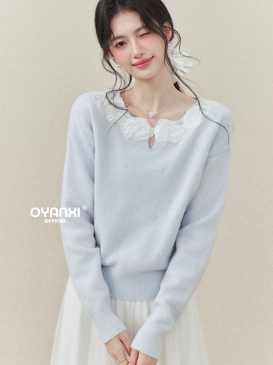 OYANXI レースリボンネック ゆったり 長袖セーター