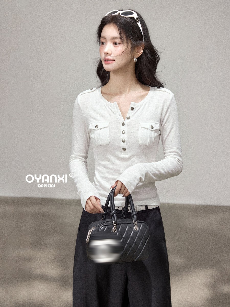 OYANXI ヘンリーネック ハーフオープン ウエストシェイプ 長袖Tシャツ