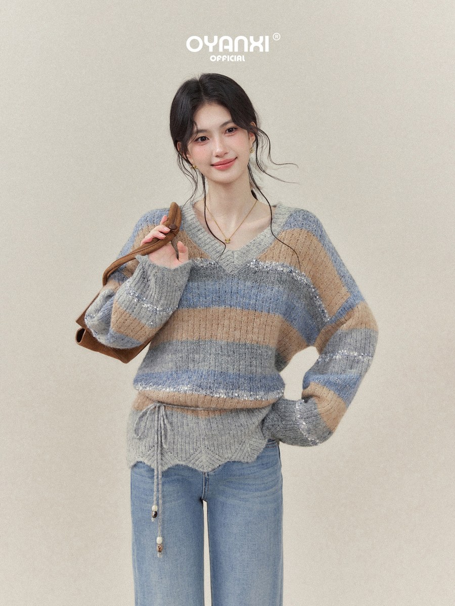 OYANXI 3色配色 透かし編みストライプ Vネック ゆったりセーター