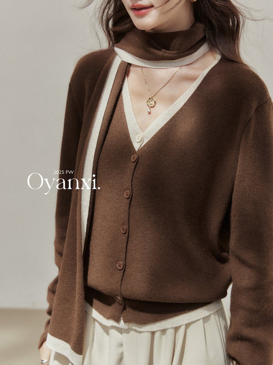 OYANXI 配色 フェイクレイヤード Vネック ニットカーディガン