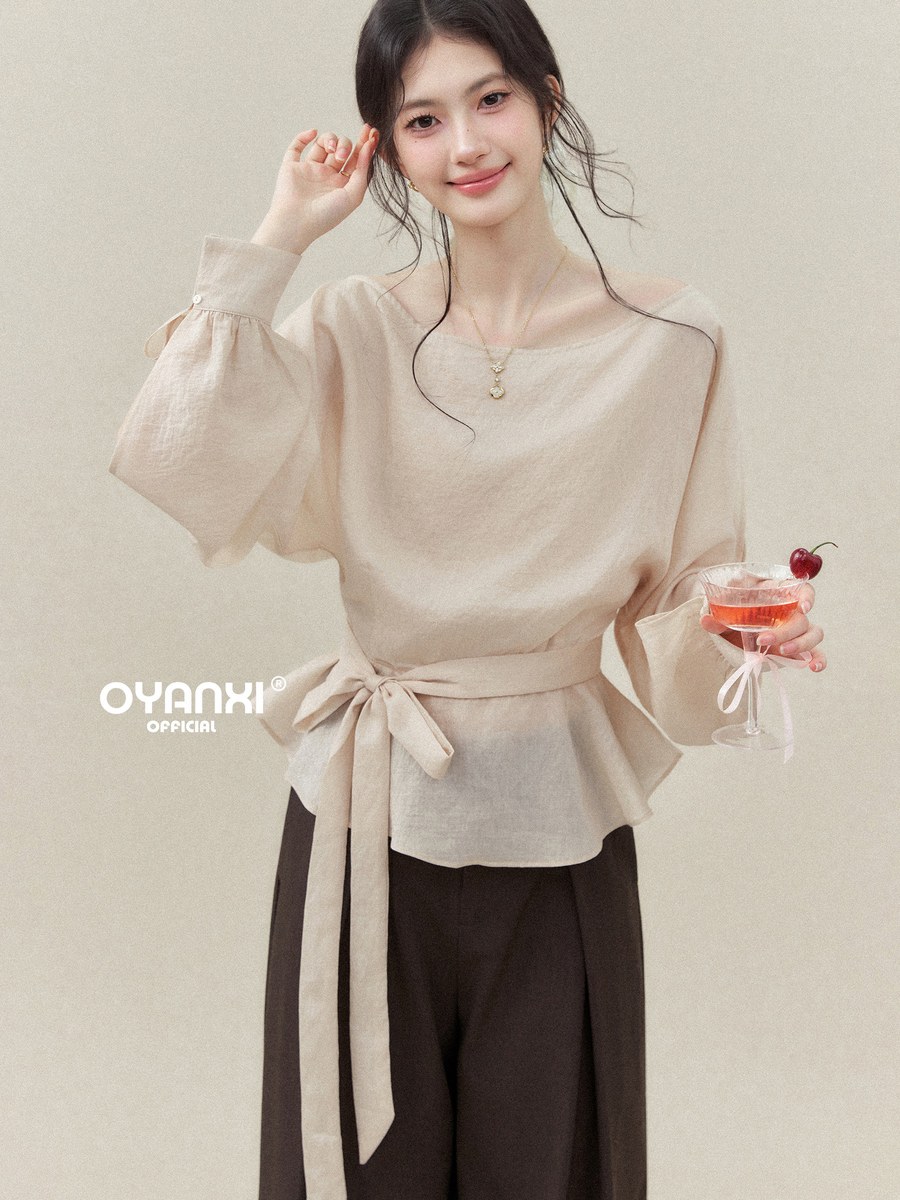 OYANXI ボートネック 袖スリット リボン ウエストシェイプ シャツ