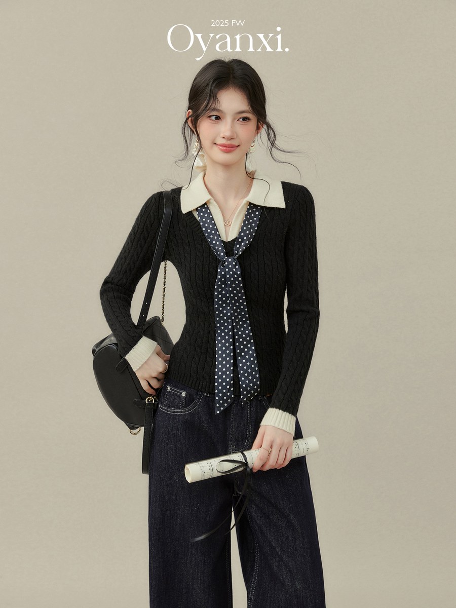 OYANXI ポロカラー フェイクレイヤード 長袖ニットトップス