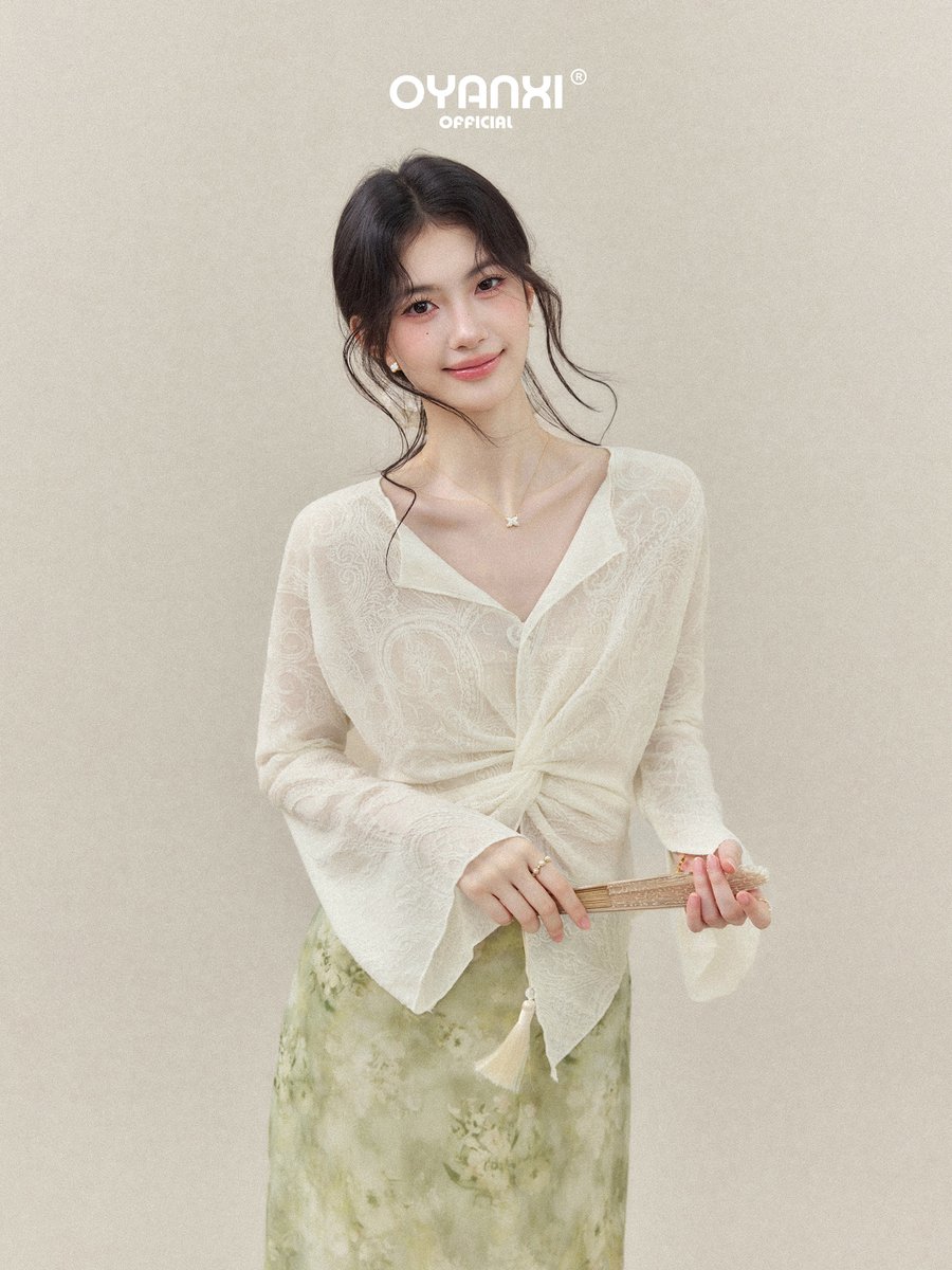 OYANXI レース Vネック フレアスリーブ 長袖Tシャツ